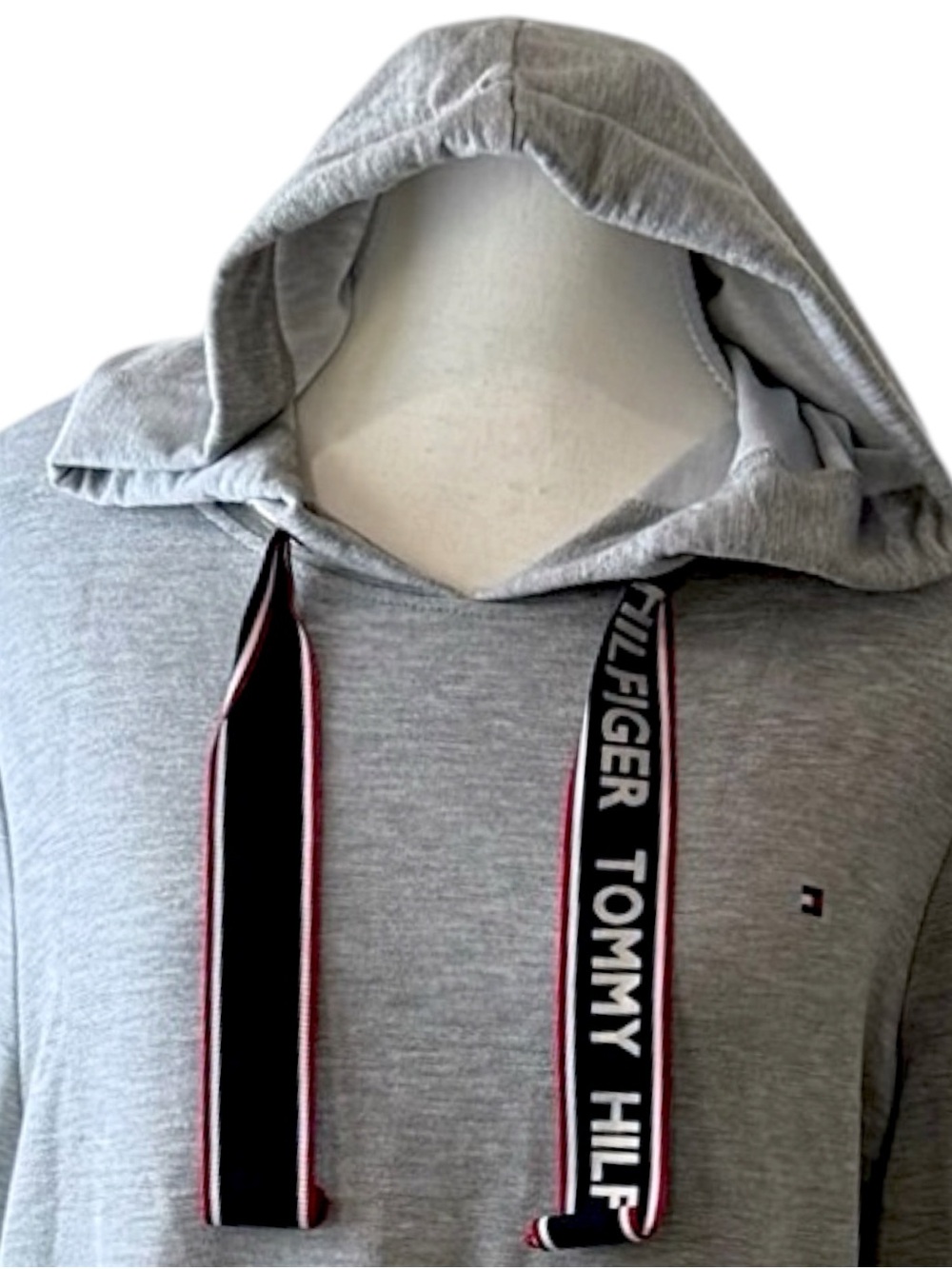 Tommy Hilfiger Hoodie Dress Womens M Gray Logo Sweatshirt Midi Casual Drawstring